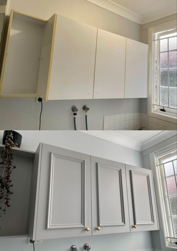 Laundry cabinets before and after refinishing.
