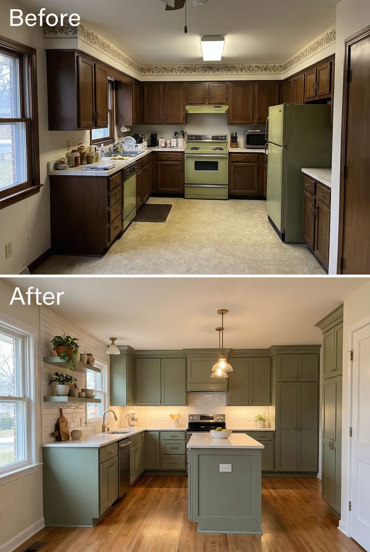 Kitchen before and after with sage green cabinets.