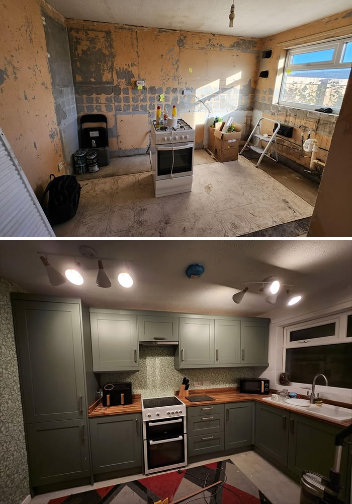 Kitchen gutted and finished with sage cabinets.