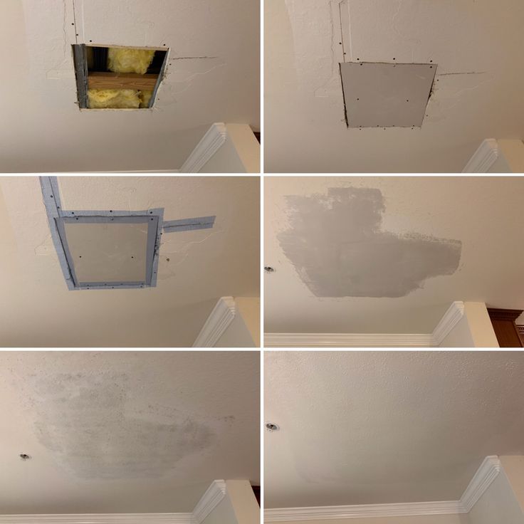 Ceiling drywall repair progression.