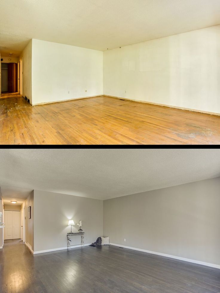 Living room before and after with refinished floors.