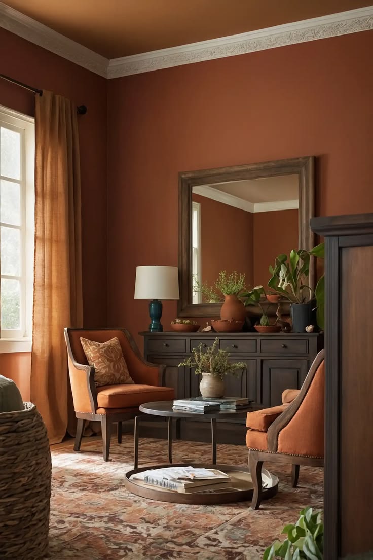 Warm terracotta accent wall with decorative interior paint finish in Billings Montana.
