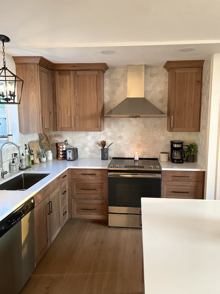 Finished kitchen remodel with natural wood cabinets in Billings Montana.